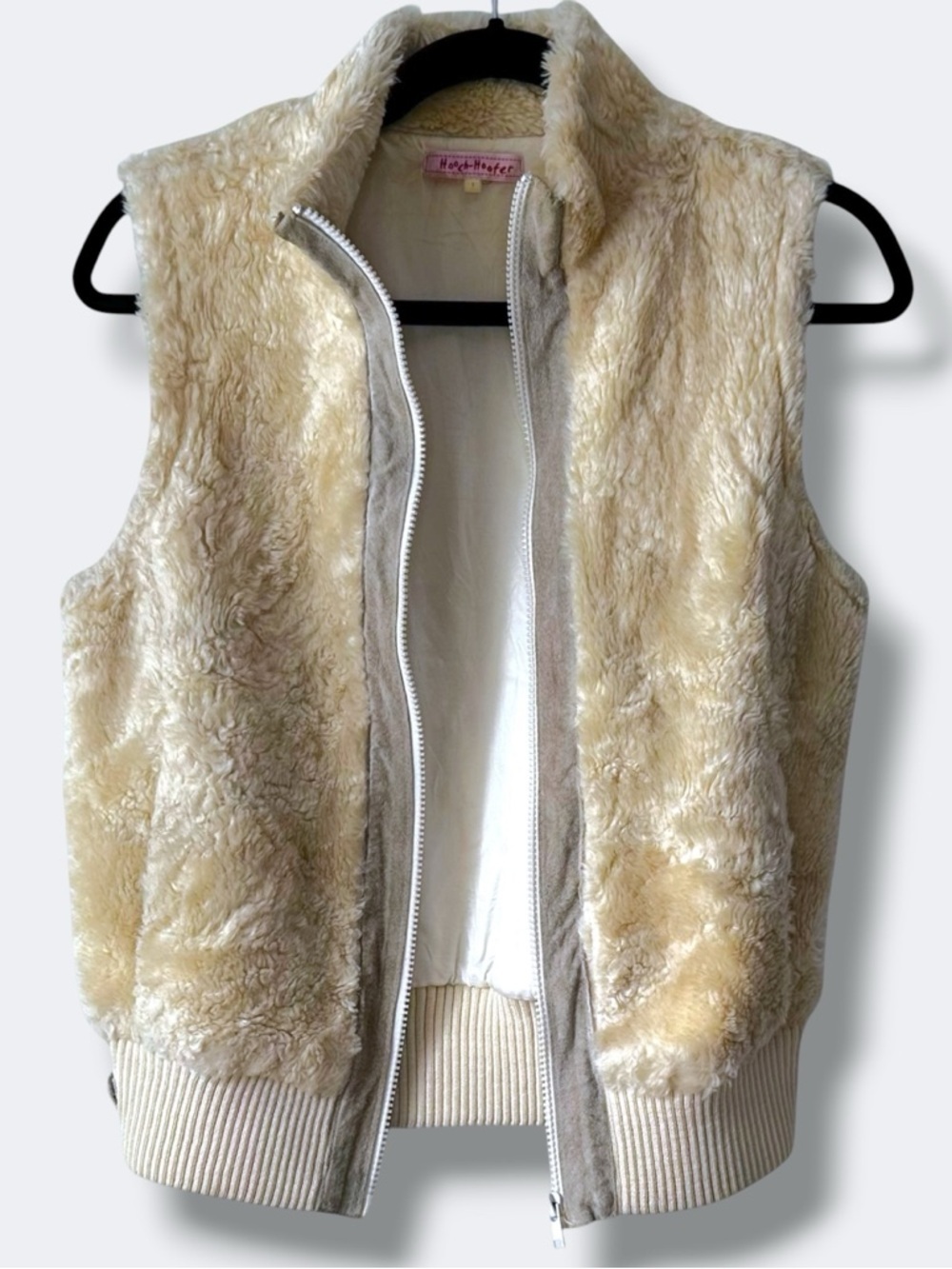 Vintage Hooch-Hoofer Wool Blend Cream Faux Fur Vest Ribbed Trim Size 1 Y2K